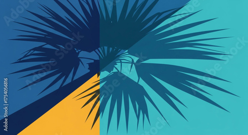 Palm tree shadow on a colorful background, creating a tropical and summery vibe with its vibrant hues and geometric shapes and design
