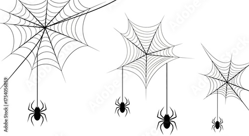 Three spider webs with spiders hanging from them on a white background.