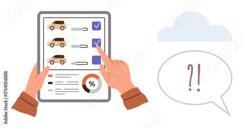 Hands selecting a car model on a checklist tablet, with charts and checkmarks for analysis. Ideal for car selection, planning, decision-making, data review, organization, strategy teamwork. Simple
