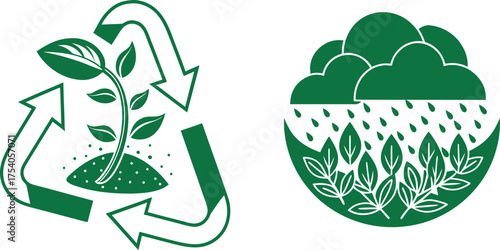 Eco Recycling and Rain Growth Silhouette Icons - Green Sustainability, Nature Conservation, and Environmental Care Design AI EPS PNG