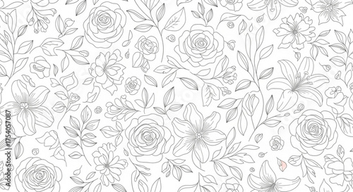 Elegant floral line art pattern with roses, lilies, and leaves, creating a delicate and timeless design