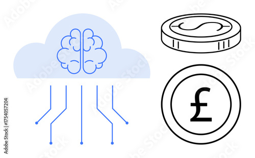 Brain inside a cloud with connecting lines, coin with pound symbol representing AI and cloud computing in financial systems. Ideal for technology, finance, AI, innovation, digital economy, fintech