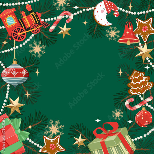 Christmas card with Christmas tree, gifts and gingerbread on snowflakes background in vintage style.