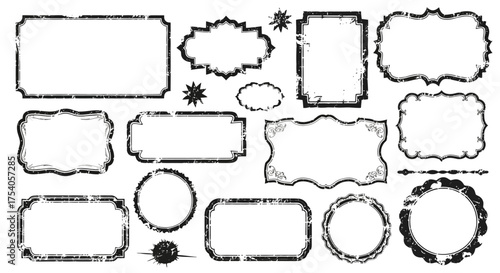 Collection of decorative vintage frames with grunge texture, isolated on white background.