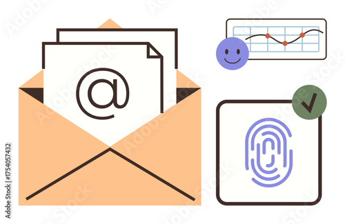 Open envelope with email symbol, fingerprint verification icon, performance chart, and user feedback emotion. Ideal for email security, analytics, user experience, privacy, communication digital