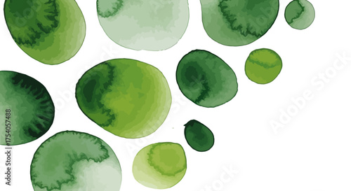 Abstract watercolor illustration of various green circular shapes with varying opacity and texture.