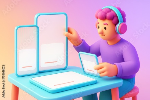 Wallpaper Mural Colorful 3D cartoon character using multiple blank digital device mockups on a pastel gradient background for design and branding display. Ai generative Torontodigital.ca
