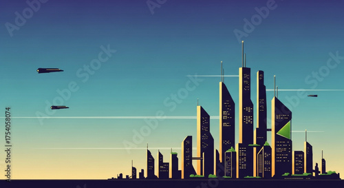 Futuristic cityscape silhouette with sleek skyscrapers and flying vehicles against a gradient sky, evoking a sense of innovation and technological advancement