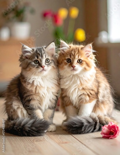Two fluffy kittens sit on a wooden table with flowers in background