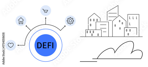 Circular DeFi element with icons for shopping, housing, heart, and gear connecting to cityscape. Ideal for finance, technology, innovation, community real estate smart cities progress. Simple flat