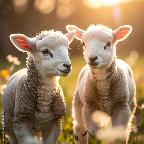 Two fluffy, young lambs basking in warm, golden sunset light