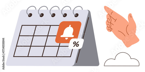 Desk calendar with date, notification bell, percentage tag, hand pointing, and cloud graphics. Ideal for scheduling, reminders, event planning, deadlines organization productivity and alerts