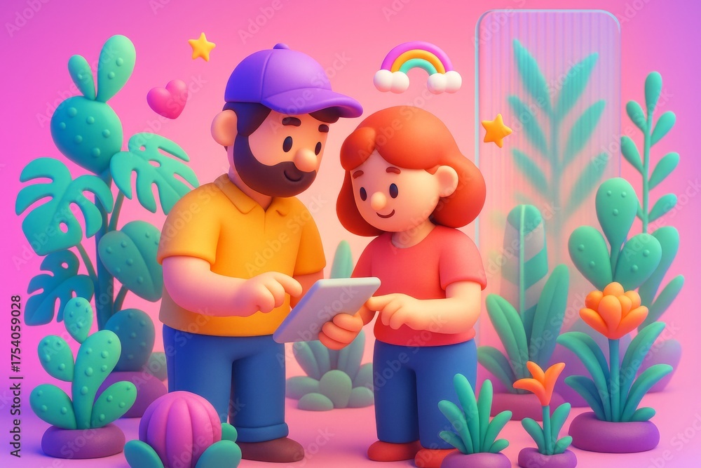 Naklejka premium Cute couple using tablet surrounded by tropical plants, cartoon style on soft colorful background, concept of digital connection and nature. Ai generative