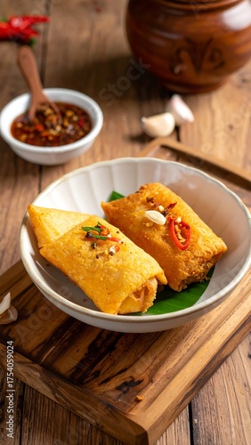 Two golden, rectangular savory pastries in a white bowl, with sauce