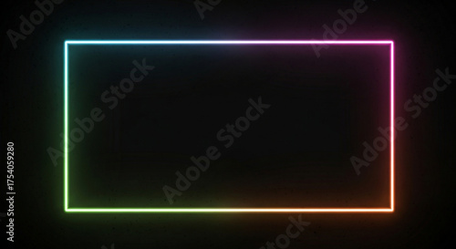 Vibrant neon rectangle frame glowing with a spectrum of colors against a dark background, creating a modern and eyecatching design element