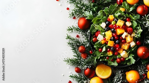 Fototapeta Naklejka Na Ścianę i Meble -  Colorful salad with fresh vegetables and fruits arranged on a festive green background during the holiday season