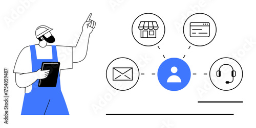 Worker holding tablet pointing at user connected to email, online store, web page, and support. Ideal for connectivity, technology, teamwork, business solutions, customer service logistics