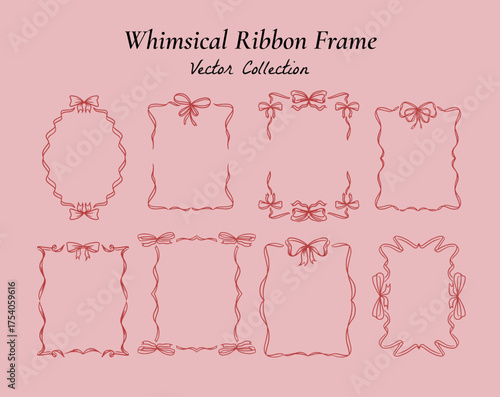 Collection of eight decorative whimsical frames in coquette style on a light pink background. Card size. Vector hand drawn graphic set