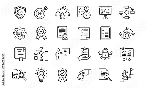 Collection of hand drawn icons representing business concepts like strategy planning goals teamwork documents and success