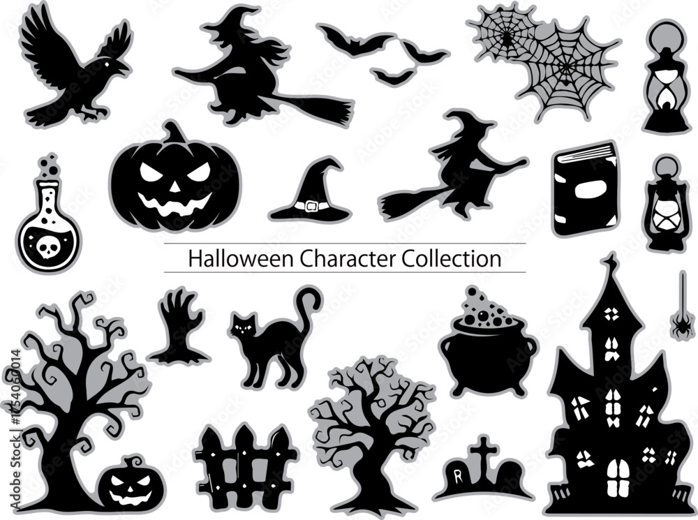 Fototapeta premium Halloween silhouette icon set featuring witches, pumpkins, bats, cats, haunted houses, cauldrons, and spooky decorations for October designs.