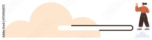 Woman standing on small cloud points at oversized cloud with a search bar element. Ideal for creativity, searching, goal-setting, dreaming, exploration, imagination, innovation. Simple flat metaphor