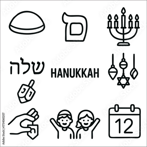 Hanukkah Festival Bold Outline Icon Set, Jewish Holiday Vector Pack