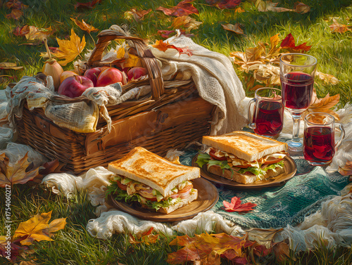 Outdoor autumn picnic with sandwiches, fruit, and drinks