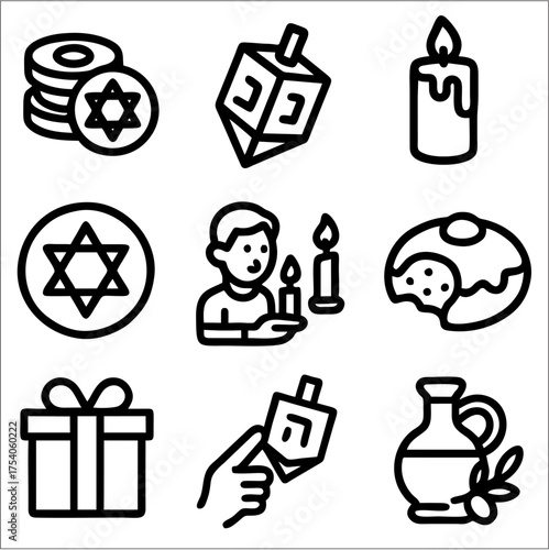 Hanukkah Festival Bold Outline Icon Set, Jewish Holiday Vector Pack