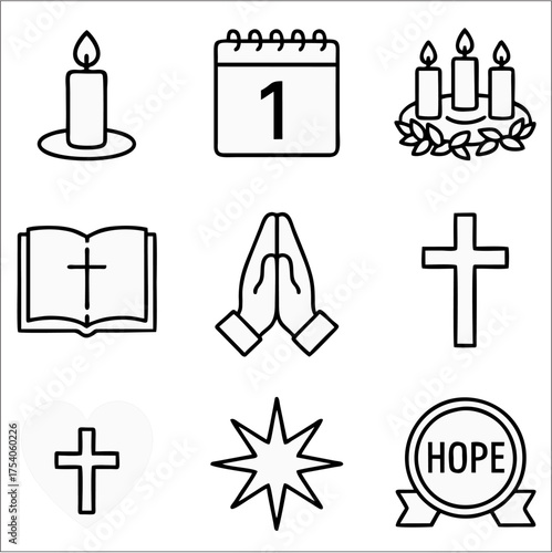 Advent Season Bold Outline Icon Set, Christian Holiday Preparation Vector Pack