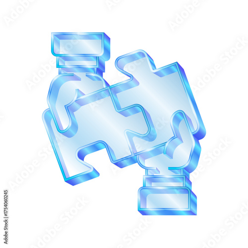 3D transparent blue glass piece of jigsaw puzzle in hand concept teamwork. Negotiation team work, Strategic planning. vector illustration.