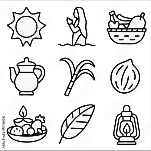 Chhath Puja Ornament Bold Outline Icon Set, Indian Sun Worship Festival Vector Pack