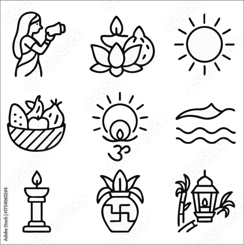 Chhath Puja Ornament Bold Outline Icon Set, Indian Sun Worship Festival Vector Pack