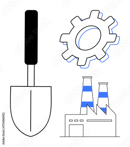 Gear, factory with chimneys, and shovel signifying industry, labor, development, and manufacturing. Ideal for industry, construction growth innovation engineering productivity energy. Simple