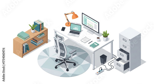 Isometric office workplace with desk, computer, laptop, chair, bookshelf, filing cabinet, lamp, and other supplies