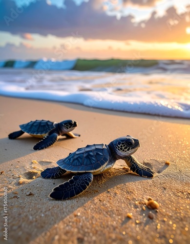Two baby sea turtles crawl on golden sand towards ocean waves at sunset