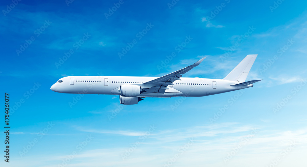 Fototapeta premium White airplane side view flying in the blue sky background. Modern passenger jet airplane.