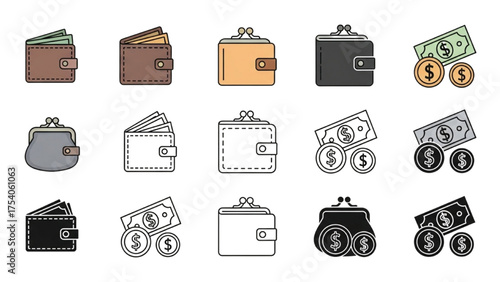 Collection of various wallets and cash symbols representing personal finance and savings
