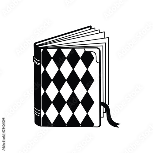 An open book with a patterned cover and a bookmark peeking out.