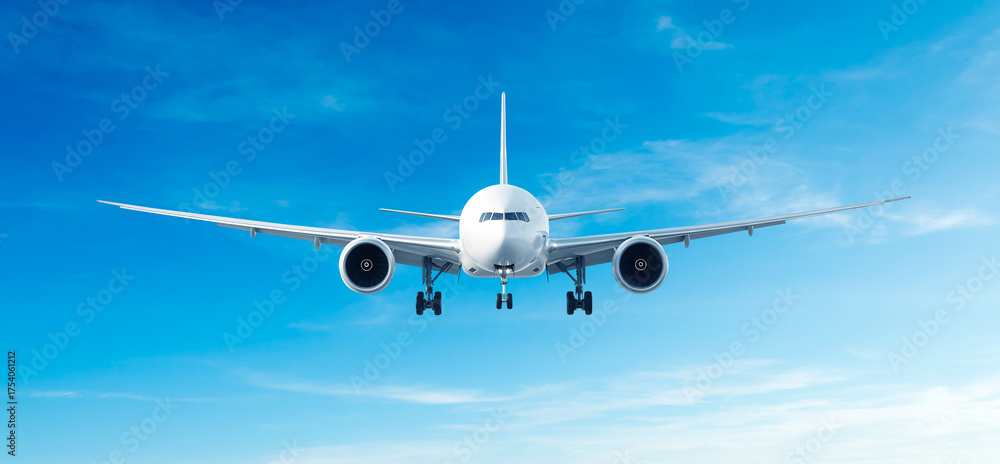 Obraz premium White airplane flying Airbus A330 front view in the blue sky background. Modern passenger jet airplane.