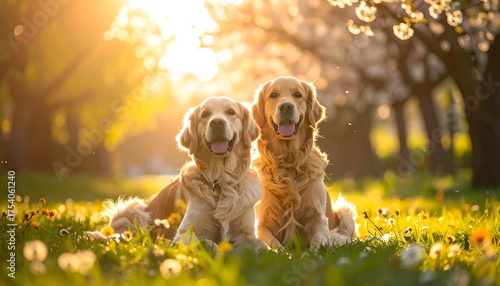 Fototapeta Naklejka Na Ścianę i Meble -  Two golden-furred canines smile serenely in sunlit, flowered meadow