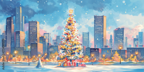 冬の都会の夜に輝くクリスマスツリーと高層ビル群の幻想的な街並み、12月の夜空とイルミネーションが織りなす静寂と光の風景、幻想的な冬の都市夜景素材