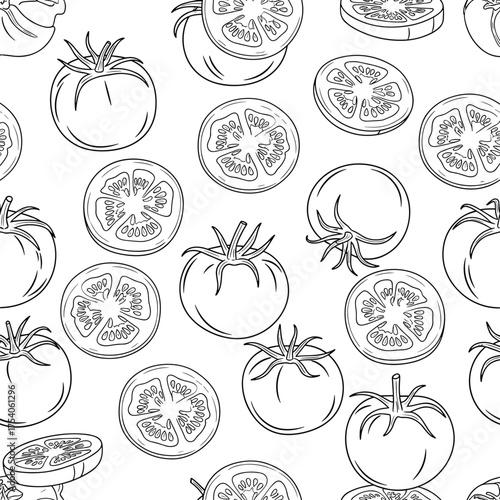 A pattern of hand-drawn tomatoes and tomato slices.