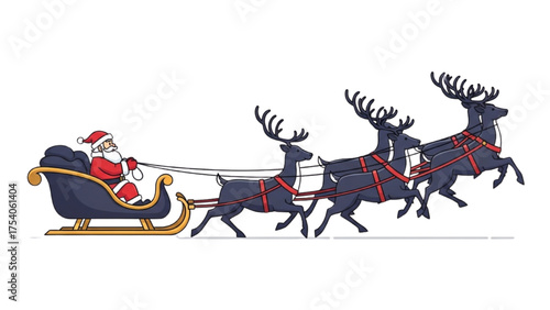 Santa Claus flying with reindeer in a sleigh on Christmas Eve
