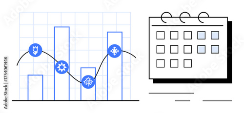 Bar chart with seasonal icons, trend line across chart, and calendar for planning. Ideal for analytics, forecasting, scheduling, productivity, strategy, time management simple flat metaphor