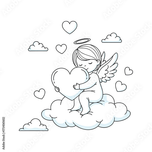 A sweet cherub holding a heart on a cloud surrounded by smaller hearts and fluffy clouds.