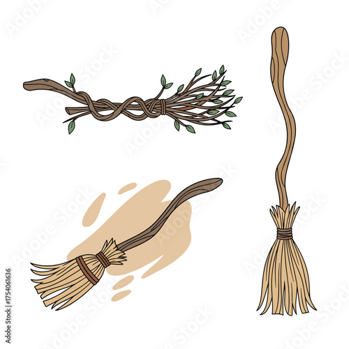 A collection of vintage brooms for halloween and other magical purposes.