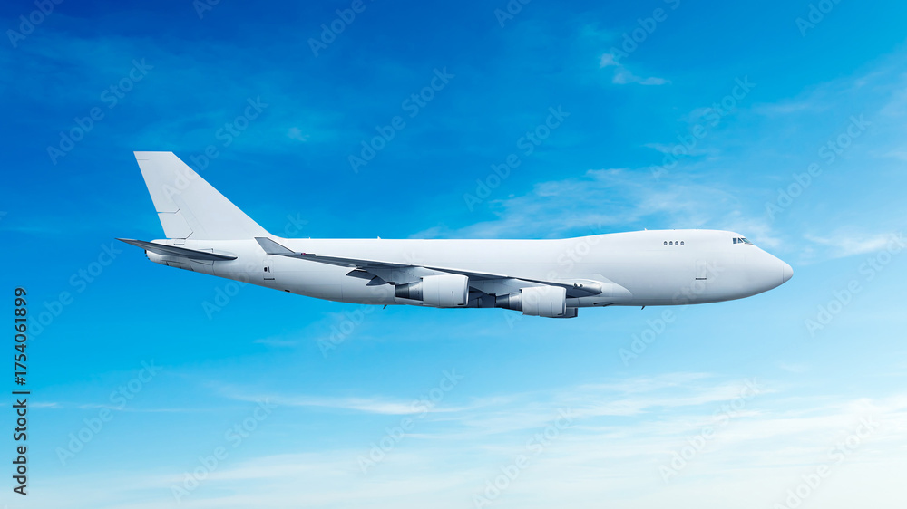Fototapeta premium White airplane Boeing 747 cargo plane side view flying in the blue sky background. Wide body double decker aircraft with four engine. Modern cargo jet airplane.