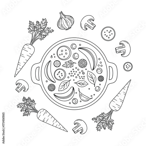 A delightful circular illustration of a hearty vegetable soup with carrots and mushrooms.