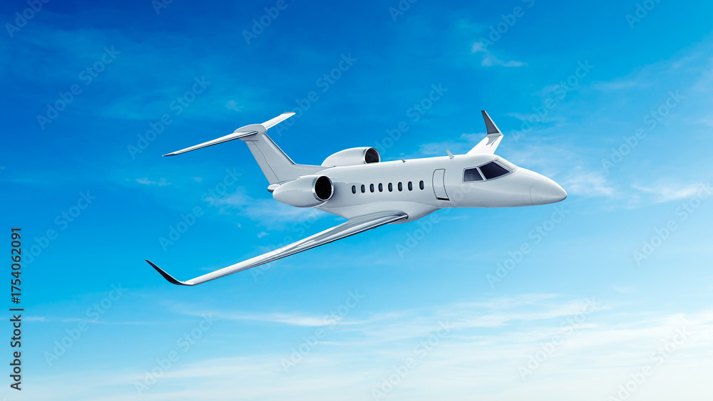 Obraz premium White private jet airplane flying side view high angle in the blue sky background. Modern private jet airplane.