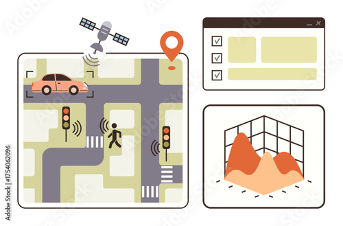 Urban scene with GPS, autonomous car, pedestrian sensors, traffic lights, map pin, charts, and interface. Ideal for urban innovation, technology GPS system IoT mobility smart cities analytics